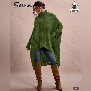 Plus Size Casual Minimalist Turtleneck Batwing Sleeve Loose Sweater